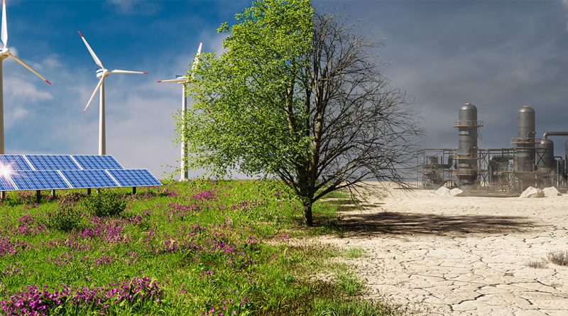 Image of a scene split in half with tree in the middle, one side looks healthy and green with wind turbines and the other looks dead and has factories in to support climate change listicle