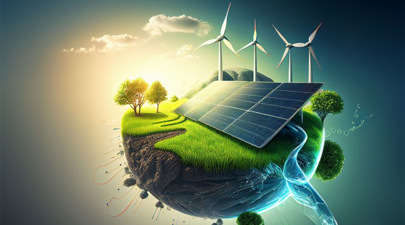 Digital image of Earth with one side covered by solar panels and wind farms to support clean energy article