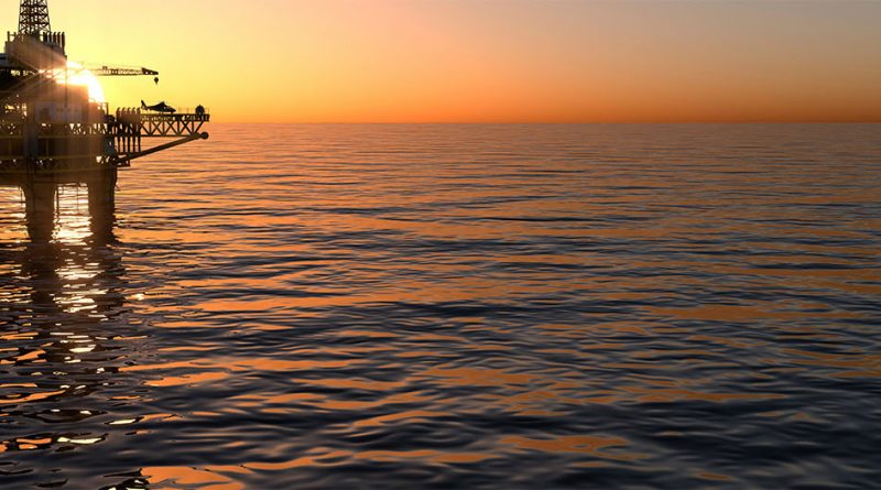 Image of a sunset scene over the ocean showing the silhouette of an oil rig to support ocean oil rigs article