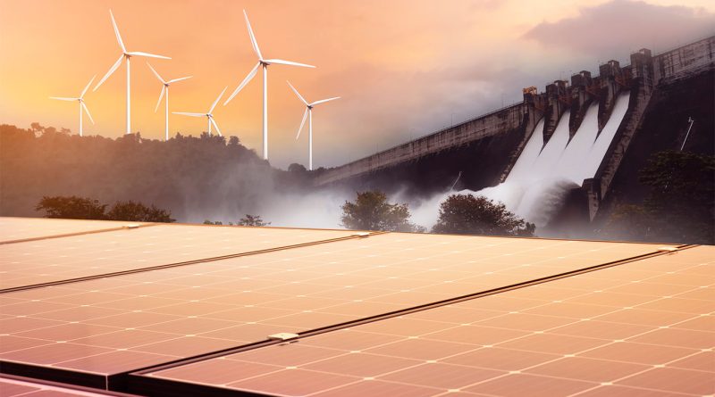 Digital image of a water dam with water flowing over solar panels with a background of wind turbines to support offshore wind farm article