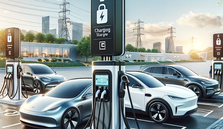 Digital artificial image of an EV charging dock with multiple electric cars plugged into it to support NACS article