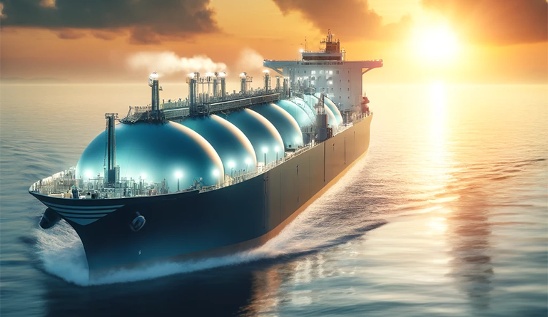 Modern LNG tanker navigating calm waters at sunset, symbolizing the shift towards cleaner energy and the dynamics of the global LNG market.