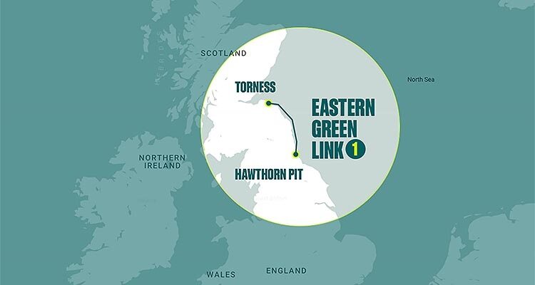 Map of UK with Eastern Green Link between Torness & Hawthorn Pit highlighted