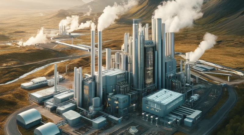 A geothermal power plant with steam rising from its chimneys, showcasing how underground heat is harnessed for electricity.