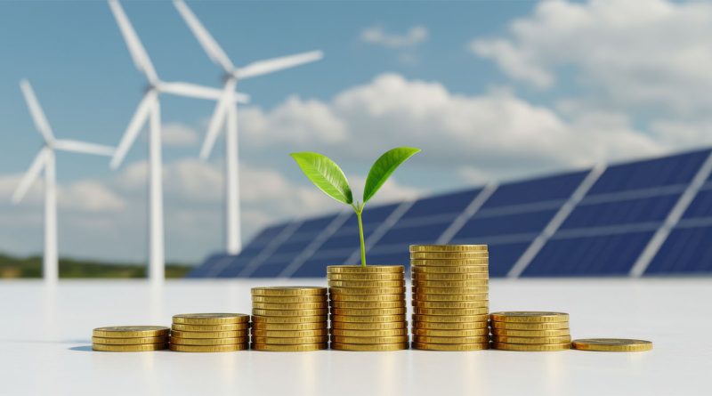 Plant growing out of stack of coins with wind turbines and solar panels in background to support Clean Energy Funding article