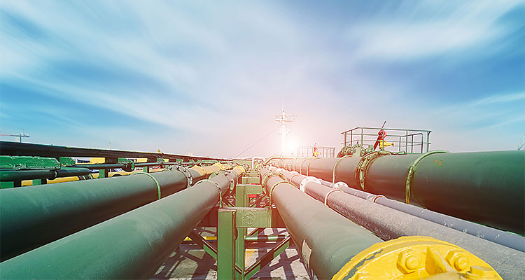 pipe line system on tanker ship, Tubes running in the direction of the setting sun. pipe line transportation is most common way of transporting goods such as oil, natural gas or water long distances