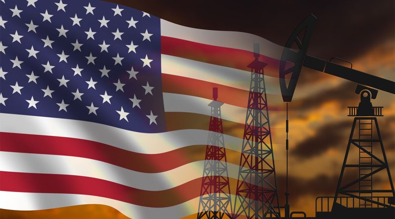 USA flag in front of different fossil fuel extraction methods