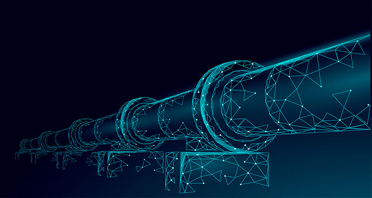 A digital representation of industrial pipelines showcasing advanced engineering in a futuristic setting with neon effects