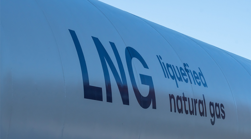 LNG tank with sign on outside to support Chinese LNG reroute article