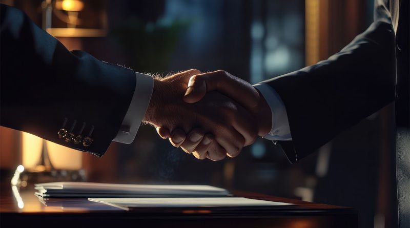Business professionals shaking hands to support Petro-Victory Brazil oil deal article