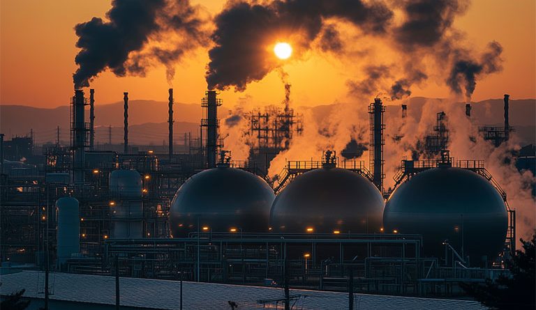 LNG emissions coming out of facility into sky