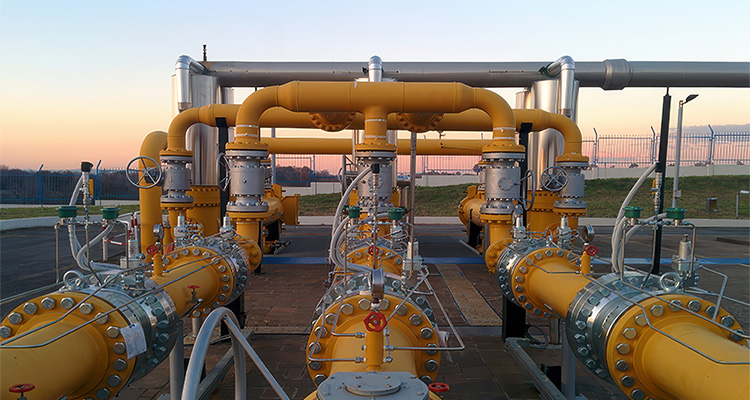 a natural gas infrastructure system featuring yellow pipes and various components