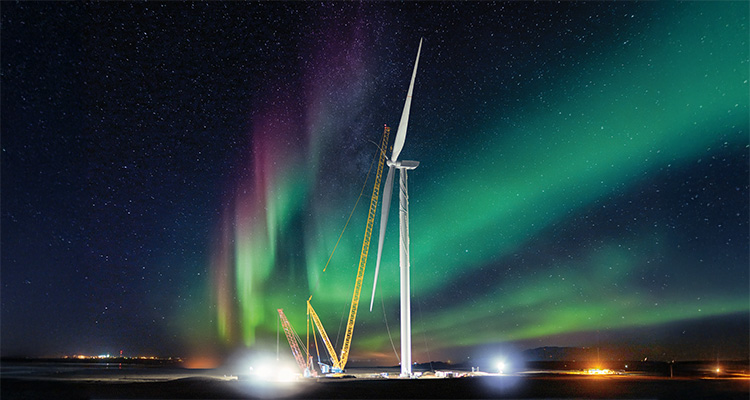 Golden South Wind Project, a wind farm located in Saskatchewan, Canada, under the spectacular backdrop of the Northern Lights