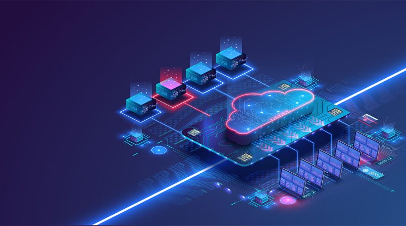 Digital visualisation of data center with cloud icon and neon wires