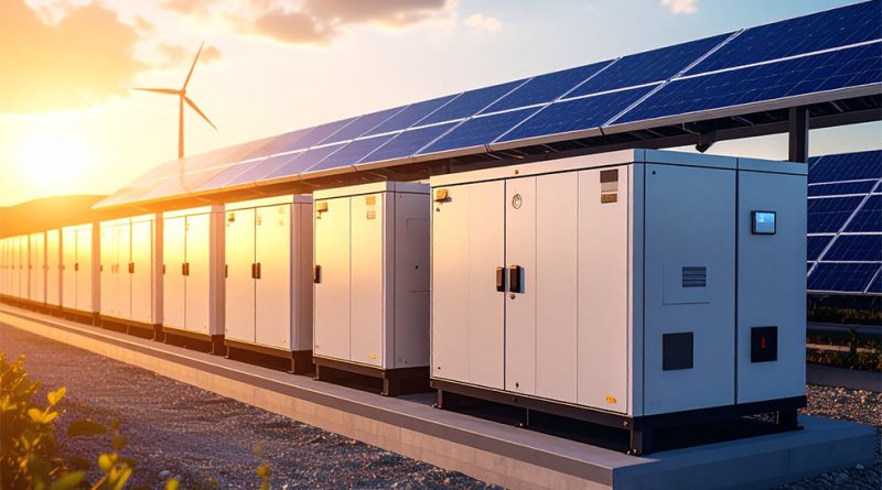 Thermal energy storage units beside solar panels and a wind turbine at sunset, illustrating integrated renewable energy and storage infrastructure.