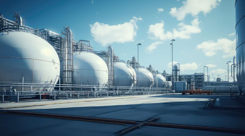 Row of large spherical gas storage tanks at an industrial natural gas facility under a clear blue sky, representing global gas infrastructure in 2025.