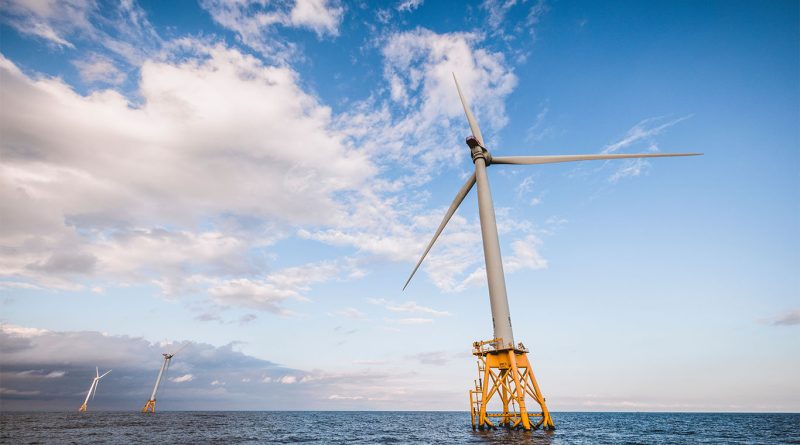 Offshore wind turbines in the Atlantic Ocean off the New England coast during winter.