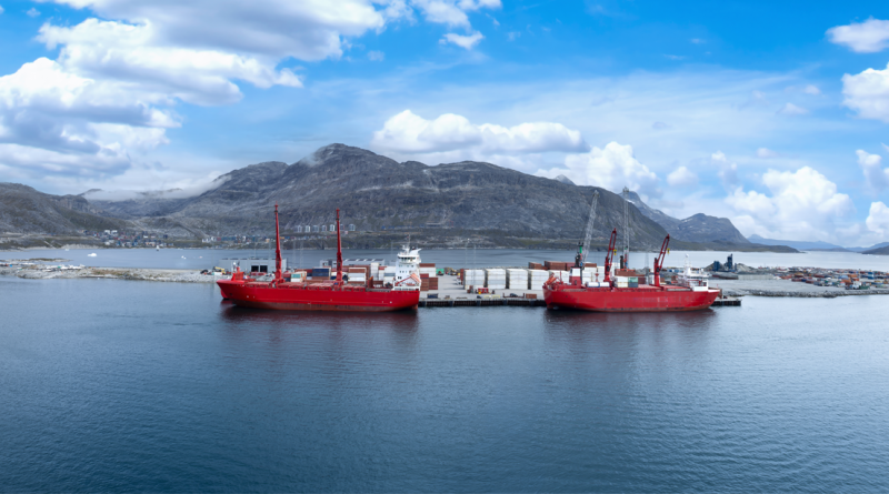 International shipping line transportation container cargo ship in Nuuk Port in Greenland