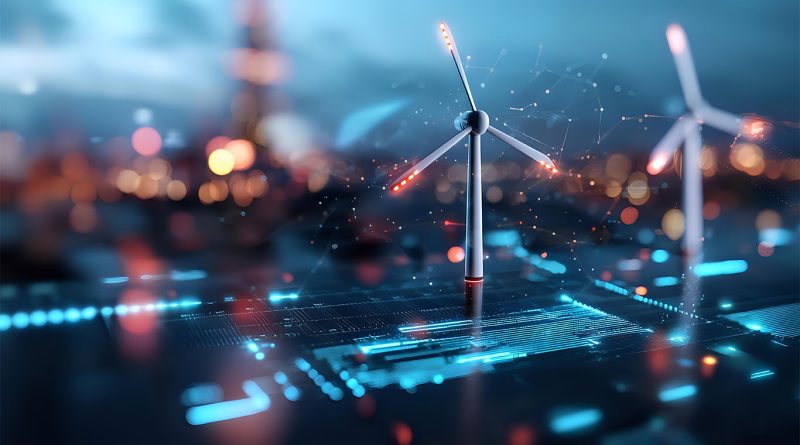 Illustration of a power grid overlaid with AI data visualization lines to signal smart energy infrastructure