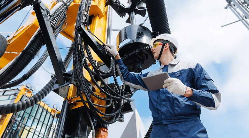 Oil and gas facility with AI data overlays and digital twin visualization, highlighting real-time monitoring and predictive analytics