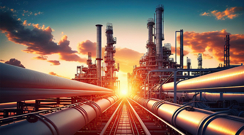 Oil refinery and pipeline infrastructure at sunset, showing large industrial pipes, processing towers, and energy facilities symbolising the oil and gas industry in 2026.
