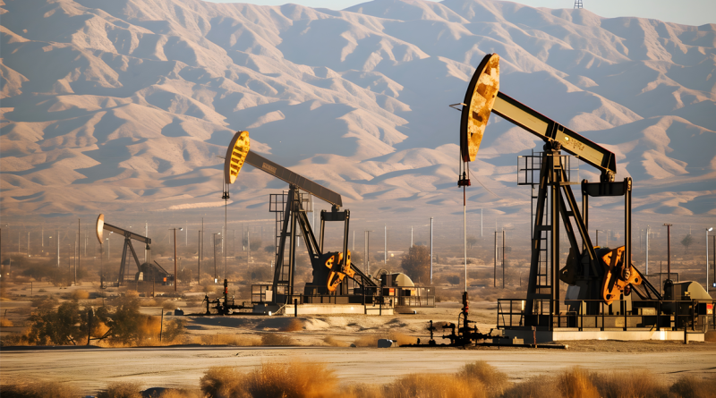 Oil extraction process with pumpjacks in a desert landscape