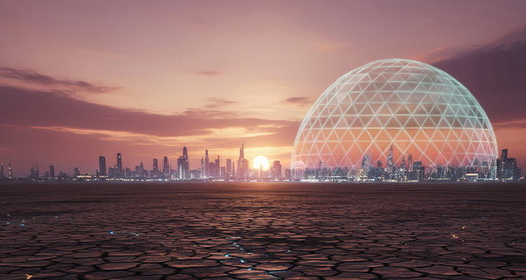 a futuristic cityscape sealed within a large, glowing, geodesic dome structure at sunset