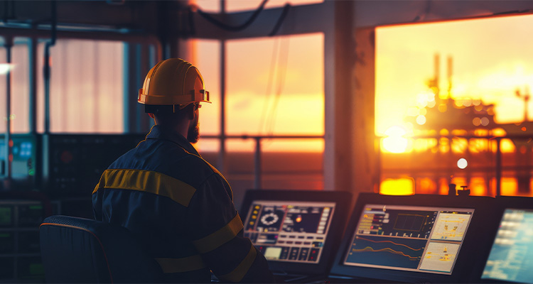 An engineer in a hardhat monitors control panels inside an industrial facility, with a hazy view of an offshore oil rig at sunset in the background.