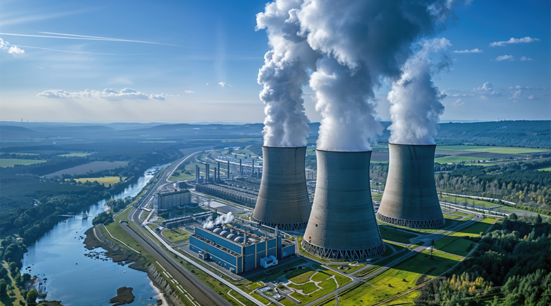 Aerial view of a large power plant with multiple cooling towers releasing steam beside a river, surrounded by green countryside and industrial infrastructure.