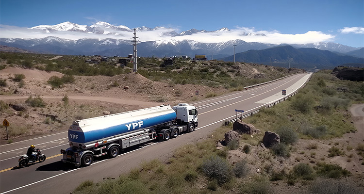 How to eliminate human error in the oil and gas industry a large white and blue YPF fuel tanker truck driving on a two-lane asphalt road through a dry, mountainous landscape